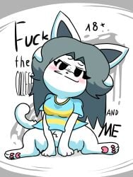 blue_shirt cat_ears cat_tail catgirl clothing feline grey_hair mocking temmie temmie_(undertale) white_fur white_skin