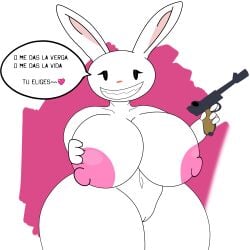 1:1 absurd_res anthro big_breasts blazerfurro breasts female hi_res holding_object holding_weapon huge_breasts lagomorph leporid mammal max_(sam_and_max) rabbit sam_and_max smile speech_bubble text translated weapon wide_hips