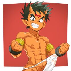 1boy abs bulge demon erection erection_under_clothes facial_mark fundoshi green_hair horns japanese_clothes male male_focus male_only muscle muscular okulain penis pointy_ears shinrabanshou smile teeth tesshin_(shinrabanshou) underwear wet_underwear