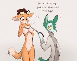 =djoyk= anthro breasts canid canine duo eyewear female female/female fox genitals glasses green_body hi_res humor joke labcoat lizard mammal mature_female nude nude_anthro nude_female orange_body pussy reptile scalie skinny smile tail