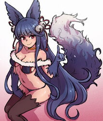 akairiot animal_ears blue_hair cleavage female long_hair sitting smile solo summon_night tail underboob yuel