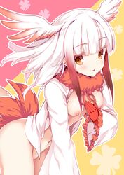 bangs bird_tail blunt_bangs bottomless breasts brown_eyes brown_hair eyebrows_visible_through_hair female frilled_sleeves frills fur_collar gloves gradient_hair hand_on_own_chest head_wings japanese_crested_ibis_(kemono_friends) kemono_friends leaning_forward light_smile long_hair long_sleeves looking_at_viewer medium_breasts multicolored multicolored_background multicolored_hair navel nipples open_clothes open_shirt parted_lips pink_background red_gloves red_hair sample shirt sidelocks solo tateha_(marvelous_grace) two-tone_background white_hair white_shirt wide_sleeves yellow_background