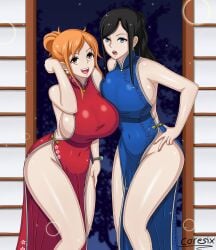 2girls black_hair blue_dress blue_eyes bracelet breasts brown_eyes cheongsam china_dress coresix dress earrings female female_only hairbun large_breasts looking_at_viewer milf nami nami_(one_piece) nico_robin night one_piece orange_hair ponytail post-timeskip qipao red_dress