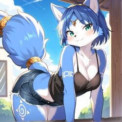 ai_generated anthro average_breasts blue_hair bra breasts female fox furry gyonge krystal krystal_(star_fox) skirt star_fox wide_hips