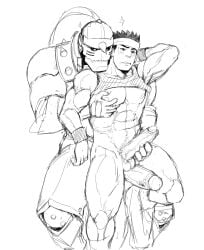 2boys abs alphonse_elric armor burankoprn frottage fullmetal_alchemist gay handjob interspecies male_focus male_only mason_(fma) penis_between_legs penis_between_thighs penis_grab seductive_look shirt_lift size_difference sketch undressing yaoi