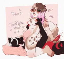 anthro belly blush bodily_fluids breast_grab breasts canid canine canis collar cunnilingus digital_media_(artwork) duo english_text erection facesitting female fur genital_fluids genitals hair hand_on_breast handjob hi_res hyena kikoepi looking_at_another looking_back male male/female mammal moan multicolored_body nipples nonbinary_(lore) nude open_mouth oral paws penile penis piercing pillow sex simple_background sitting_on_another smile tail teeth text tongue tongue_out vaginal_penetration vulva wolf