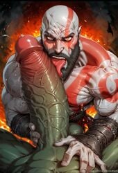 ai_generated bald bald_man bara bara_ass bara_tiddies bara_tits beard big_muscles big_penis bodybuilder daddy dilf erect_penis facial_hair god god_of_war green_penis huge_cock huge_muscles intense_face intense_stare kratos large_muscles large_penis licking_penis long_penis lying_on_back male male_focus male_only masculine masculine_male masculine_man massive_cock massive_muscles mature_male monster_cock muscle muscles muscular muscular_arms muscular_ass muscular_back muscular_legs muscular_male muscular_thighs old_man older_male orc orc_male orc_on_human orc_on_male precum red_markings rokuworshiper solo_male veins veiny_muscles veiny_penis warrior white_body white_skin