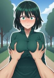 1boy 1boy1girl 1girls ai_generated angry angry_expression angry_eyes angry_face artist_name big_breasts blush blush_lines blushing_at_viewer blushing_female blushing_profusely breast_grab breasts clenched_teeth clenching_teeth clothed_breasts dress eyelashes face_blush female female_focus fubuki_(one-punch_man) grabbing_another's_breast grabbing_breasts green_dress green_eyes green_hair hands_on_another's_chest hands_on_breasts jorgecarlosai male nature one-punch_man outdoors outline park parted_lips pov shocked shocked_expression shocked_eyes shocked_face shocked_female shocked_look short_hair squeezing squeezing_breast squeezing_breasts teeth walkway watermark white_outline