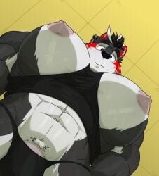 1boy 2024 abs anthro bara bara_tiddies bara_tits big_pecs canid canine furry gay huge_pecs humanoid kemono looking_down male male_only man_boobs man_breasts man_tits manboobs meejikom meme muscular muscular_male nipples original_character pecs pubic_hair thong two_tone_body two_tone_fur two_tone_hair yaoi