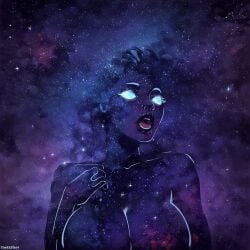 1girls ai_generated blue_eyes breasts cleavage cosmic_background cosmic_hair cosmic_skin darkeffect ethereal extraterrestrial female female_only galaxy galaxy_body glowing_eyes humanoid lips looking_up plump_lips purple_skin space stars universe