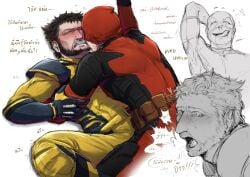 2boys baimonbluewhale blush deadpool deadpool_&_wolverine_(2024) gay implied_sex looking_at_another male/male marvel marvel_comics masked muscular_male open_mouth red_mask short_hair smile superhero_costume tongue_out wolverine_(x-men) x-men yaoi