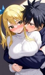 ai_generated big_breasts blonde_hair blush blushing_white_sweater fairy_tail gray_fullbuster hugging lucy_heartfilia pixai romantic_couple tongue_out