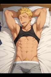 abs ai_generated armpit_hair asleep bara beard biceps blush bulge daddy dilf iemitsu_sawada katekyo_hitman_reborn! male male_nipples male_only male_pubic_hair manly mature_male muscular_male nipples pecs pervirexartt sleeping underwear