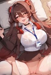 ai_generated big_breasts bottomless bottomless_female bottomless_skirt genshin_impact hu_tao_(genshin_impact) legs_spread missionary missionary_position missionary_sex office_lady see-through smiling spread_legs stockings sweat upskirt vaginal_penetration