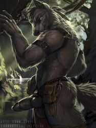 2017 animal_genitalia anthro balls belt black_claws canine claws detailed_background digital_media_(artwork) ear_piercing erection fluffy fluffy_tail forest fur grey_balls grey_fur grey_hair grey_nose grey_penis grey_tail hair humanoid_hands knot looking_at_viewer male male_only mammal muscular muscular_male nature nude outside pecs penis piercing plant pose smile smokepaw solo standing thick_thighs tree vein veiny_penis water wolf xuan_sirius