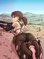 1boy 1girls ass bra breasts brown_hair cameltoe cleavage curvy desert duo erection faceless_male feet female footjob footjob_with_legwear general-irrelevant green_eyes gun highres human large_ass large_breasts long_hair lying male male_on_female metal_gear_(series) metal_gear_solid_v on_stomach outdoors panties pantyhose penis ponytail quiet_(metal_gear) ranged_weapon sideboob solo_focus straight thigh_gap toes torn_clothes torn_pantyhose weapon