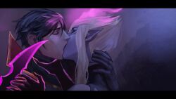 2girls black_hair closed_eyes demon demon_girl elf_ears enemies_to_lovers enemies_with_benefits evelynn female female_only human kissing league_of_legends purple_body purple_skin seducing seductive sentinel_vayne short_hair succubus the_ruined_king_saga vayne white_hair