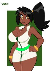 1girls beauty_mark black_hair breasts cleavage dark-skinned_female dark_skin female furiousart hand_on_hip imani_(zrfurious) jacket looking_at_viewer mole mole_(marking) mole_on_breast mole_on_cheek mole_under_eye ponytail yellow_eyes zrfurious