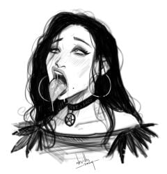 ahe_gao ahegao_face black_and_white blush blushing choker cross-eyed crossed_eyes devil_hs hoop_earrings messy_hair saliva saliva_drip sketch slut_collar the_witcher_(series) the_witcher_3:_wild_hunt tongue_out white_background yennefer_of_vengerberg