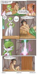 absurd_res after_sex breasts clothing comic cum cum_in_pussy cum_inside cum_on_leg duo english_text female gardevoir green_hair hair hi_res human humanoid male mammal masterploxy nintendo one_breast_out page_25 pokemon pokemon_(species) text video_games