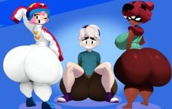 1boy 2girls aged_up ass_bigger_than_head bike_shorts bonnie_(brawl_stars) brawl_stars dark-skinned_female fat_ass fat_butt gus_(brawl_stars) huge_ass hyper_ass light-skinned_female nita_(brawl_stars) senior_garabato thick_thighs wide_hips