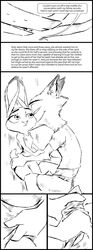 2017 anthro black_and_white bulge canine clothed clothing comic crotch_grab dialogue dipstick_ears disney duo english_text female fondling fox grope hip_grab judy_hopps lagomorph male mammal monochrome nick_wilde penis penis_grab rabbit smile straight text thewyvernsweaver zootopia