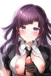 ai_generated big_breasts black_gloves blush danganronpa female handjob novelai pink_eyes purple_hair smile tie tie_between_breasts tsumiki_mikan white_shirt woman_in_suit