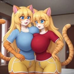 2024 2girls ai_generated alternate_breast_size anthro anthro_on_anthro ass_grab background big_breasts blonde_hair blue_eyes blue_shirt breast_expansion breasts breasts_out cat_tail catswithtits clothed cute door eyebrows female female/female female_only fingers furry_female furry_only furry_tail hand_on_hip happy happy_sex house_cat inside kitten kittentits lampilina_gines lampilinagines long_hair meow meowing milady's_family miladysfamily mobians.ai mother multicolored_body multicolored_fur open_mouth orange_body orange_skin outside pink_ears pink_nose red_shirt yellow_shorts