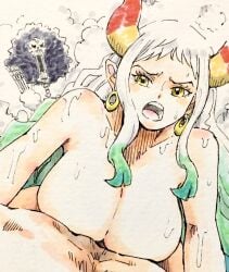 breasts brook_(one_piece) cleavage earrings female horns large_breasts male multicolored_hair nude one_piece puipui tagme two-tone_hair wet white_hair yamato_(one_piece)