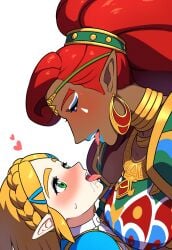 1girl1futa ai_generated blush braids breath_of_the_wild eye_contact futa_on_female gerudo hylian lesbian_kiss lipstick princess_zelda size_difference spitting spitting_in_mouth urbosa yuri