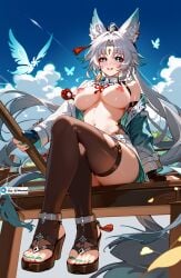 1girl 1girls ai_generated animal_ears breasts crossed_legs feixiao_(honkai:_star_rail) female green_nails high_heels honkai:_star_rail hoyoverse looking_down_at_viewer minokai nail_polish nipples sitting thighhighs white_hair