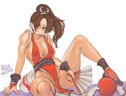 1girls ball big_breasts big_breasts brown_eyes brown_hair clothed fan female female_only gloves hair_ornament huge_breasts human king_of_fighters legs legs_apart light-skinned_female light_skin long_hair mai_shiranui nipple_bulge on_ground open_clothes shoes sideboob sitting sitting_down sitting_on_floor spread_legs spreading tail thick thick_ass thick_thighs thighs tied_hair