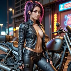 ai_generated leather_clothing lilith_(lust_goddess) lust_goddess motorcycle purple_hair red_eyes tattoos tingelerdick