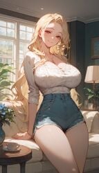 ai_generated big_breasts blonde_hair happy happy_female long_hair mature mature_female milf red_eyes shorts sole_female