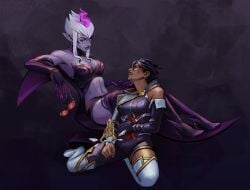 2girls black_hair blood bodysuit chin_grab demon demon_girl dominant_female domination elf_ears enemies evelynn female female_only high_heel_boots high_heels holding_chin injury kneeling league_of_legends lezdom looking_pleasured purple_body purple_skin seducing seductive seductive_eyes seductive_look seductive_smile sentinel_vayne short_hair succubus sunglasses vayne white_hair wounded