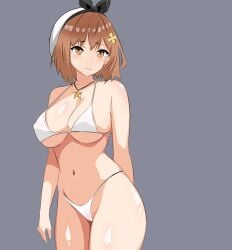 1girls atelier_(series) atelier_ryza bikini blush breasts brown_eyes brown_hair clothing female japanese_text konrey legs_together measurements reisalin_stout short_hair shy solo standing white_bikini wide_hips