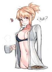 :< alternate_hairstyle arcueid_brunestud areola_slip arms_behind_back belaweb123 black_bra blonde_hair blush bottomless bra breasts chocolate_chip_cookie cleavage closed_mouth coffee_mug collarbone commentary cookie cowboy_shot cropped_legs cup dress_shirt english_commentary english_text female food food_on_face groin hair_between_eyes highres holding large_breasts long_sleeves looking_at_viewer melty_blood mug naked_shirt navel notice_lines open_clothes open_shirt ponytail red_eyes shirt short_hair sidelocks signature simple_background solo speech_bubble standing steam stomach tsukihime twitter_username type-moon underwear white_background white_shirt