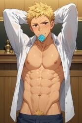 abs ai_generated bara beard biceps blush daddy dilf iemitsu_sawada katekyo_hitman_reborn! male male_nipples male_only male_pubic_hair manly mature_male muscular_male nipples pecs pervirexartt underwear