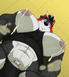 1boy 2024 abs anthro bara bara_tiddies bara_tits big_pecs bodily_fluids canid canine furry gay huge_pecs humanoid kemono lactation looking_down male male_only man_boobs man_breasts man_tits manboobs meejikom meme milk muscular muscular_male nipples original_character pecs pubic_hair thong two_tone_body two_tone_fur two_tone_hair yaoi