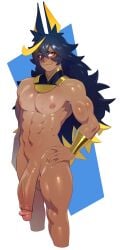 1boy abs ahoge animal_ears biceps big_penis black_hair bracers brown-skinned_male brown_skin combos-n-doodles commission confident dark-skinned_male dark_hair dark_male_only dark_skin egyptian_clothing feminine_male gold_bracers gold_fingernails gold_nails hand_on_hip handsome huge_cock hung jackal_ears large_penis long_dark_hair long_hair long_hair_male male_only muscular_male nipple_piercing nude nude_male penis_to_the_knees pierced_nipples simple_background smile smirk solo solo_male sweaty_pecs thick_penis two_tone_hair vambraces yellow_eyes