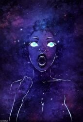 1girls ai_generated blue_eyes breasts celestial_body cleavage cosmic_background cosmic_hair cosmic_skin darkeffect ethereal extraterrestrial female female_only galaxy galaxy_body galaxy_hair glowing_eyes humanoid lips plump_lips purple_skin solo solo_female space stars starscape surprised_expression universe