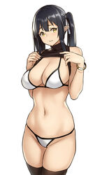 bikini black_hair cleavage elf elf_(houtengeki) female houtengeki large_breasts pointy_ears shirt_lift solo standing thighhighs twintails yellow_eyes