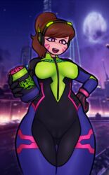 1girls ass ass_visible_through_thighs bodysuit brown_hair cameltoe clothed coy_doy d.va female female_focus female_only hana_song holding_object looking_at_viewer nano_d.va overwatch overwatch_2 ponytail shiny_clothes skin_tight soda soda_can solo solo_female thick_thighs underboob