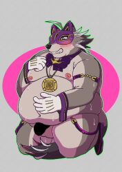 absurd_res anthro balls blue_eyes blush canid canine fakefamily69_(artist) fox fur genitals grey_body grey_fur hi_res lifewonders live_a_hero male mammal mask moobs navel nipples nude overweight penis phantom_thief solo supervillain vulpecula weight_gain