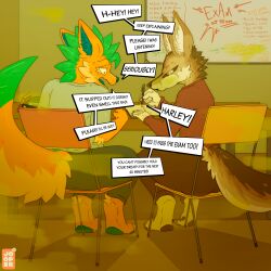 1:1 anthro book canid canine casey_(dmb) chair classroom classroom_desk clothed clothing dialogue disgust disgusted_face duo embarrassed english_text fart fart_cloud fluffy fluffy_tail fox fur furniture gassy hi_res jooper looking_back male male/male mammal multicolored_body multicolored_fur on_chair paper pen school sitting sitting_on_chair smelly speech_bubble stink_fumes tail text uncomfortable