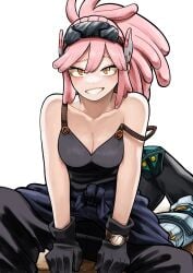 1girls absurdres asian_female bare_shoulders black_gloves blush blush_lines blushing blushing_at_viewer boku_no_hero_academia breasts cleavage crosshair_pupils female female_focus female_only gloves goggles goggles_on_head grin hatsume_mei highres hiro_illust11 large_breasts light-skinned_female light_skin long_hair looking_at_viewer only_female open_mouth pink_hair sitting smile smiling smiling_at_viewer solo solo_female solo_focus symbol-shaped_pupils tank_top teeth yellow_eyes