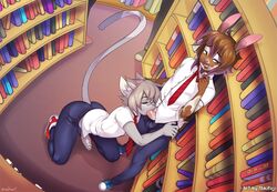 2017 anthro duo erection feline fellatio furry humanoid_penis kneeling lagomorph library male mammal necktie oral original penis rabbit school_uniform sex sleepylp standing tokifuji uniform unzipped yaoi