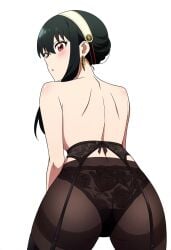 1girls ai_assisted ass ass_focus back back_view bare_back bare_shoulders black_hair blush body_blush earrings female female_only garter_belt garter_straps hairband human jei_games long_hair no_bra panties_under_pantyhose pantyhose pantyhose_only parted_lips red_eyes solo spy_x_family standing thighs topless yor_briar