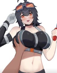 belly black_hair blush goggles_on_head grabbing_breasts grace_howard looking_pleasured massive_breasts mechanic orange_eyes shocked_expression squishing_breasts zenless_zone_zero