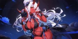 akumi big_breasts female horns mitsu_art oni oni_horns red_skin scars virtual_youtuber vyugen white_hair yellow_eyes